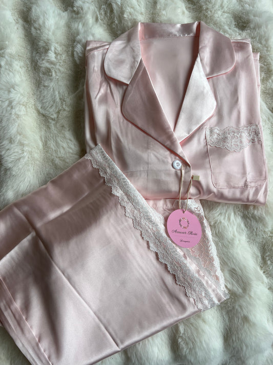 Pink Lace Satin Luxe Pyjama Set